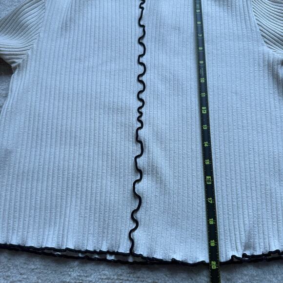 Mango MNG Ribbed Long Sleeve T-Shirt Cream Black Lettuce Edge Trim Mock Neck XS - Picture 13 of 13